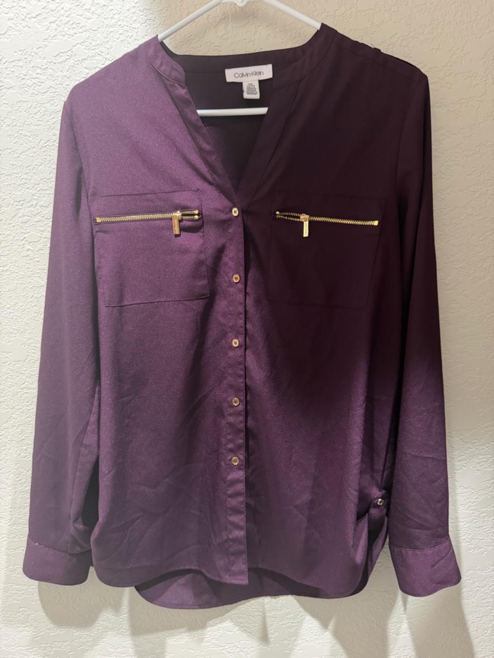 Calvin Klein Deep Plum Blouse with Gold Zip Accents